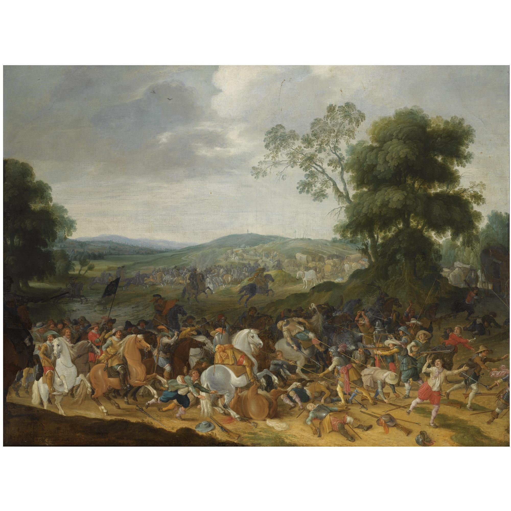 Pieter Meulener - A Cavalry Battle Scene In A Hilly Landscape
