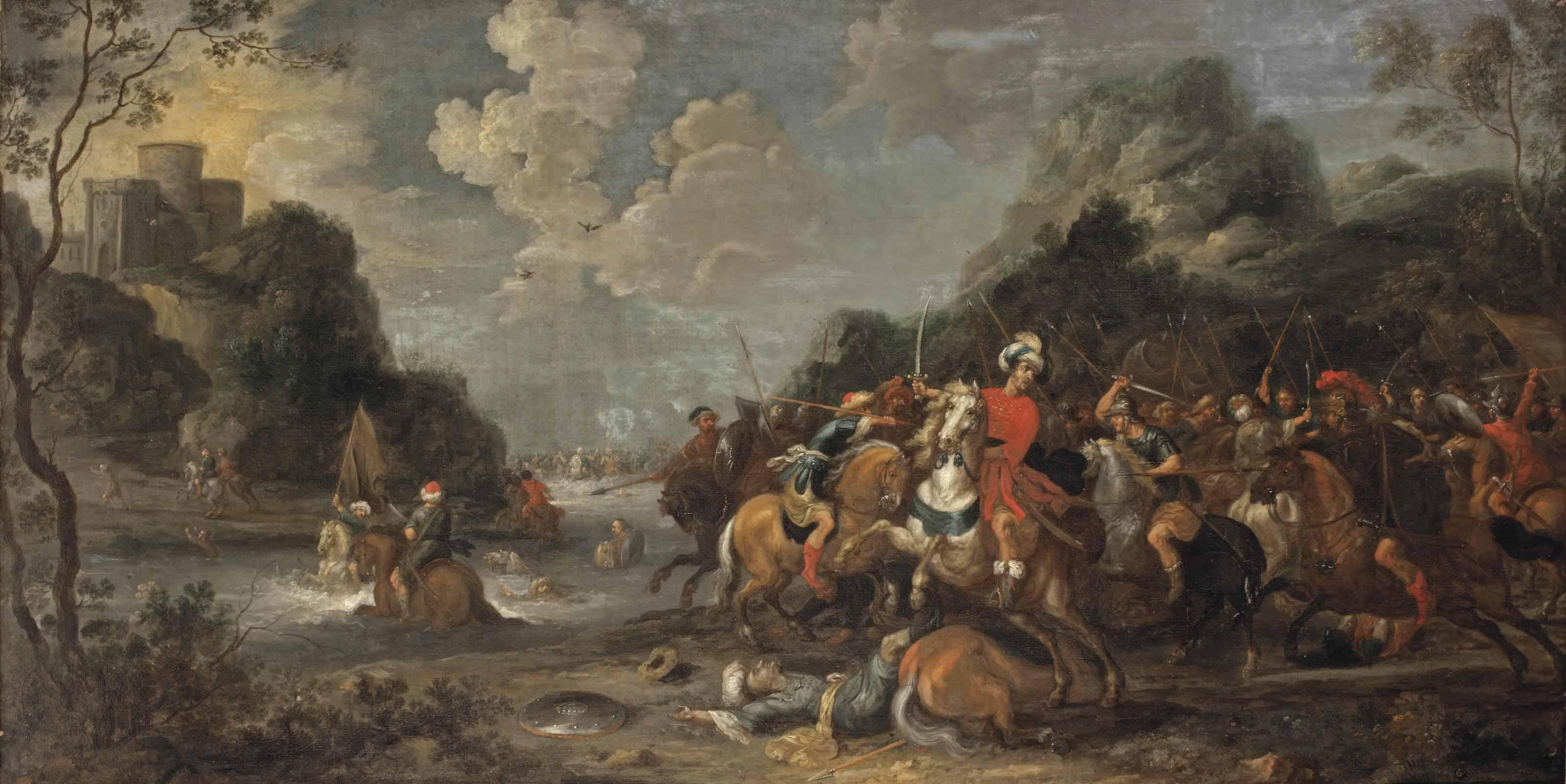 Pieter Meulener - A Cavalry Engagement Between Ottomans And Christians Beneath A Hilltop Fortress