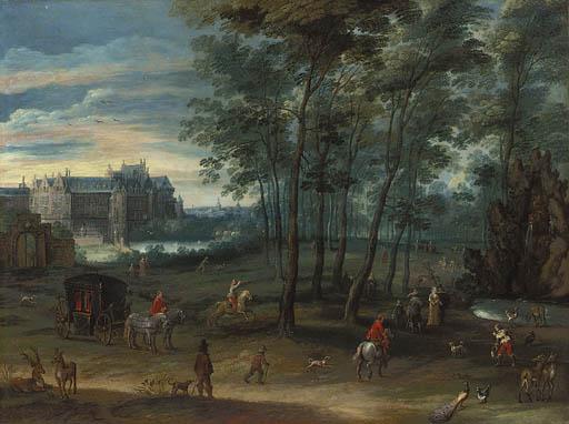 Pieter Meulener - The park of the Viceregal Palace, Brussels, with elegant company by a fountain