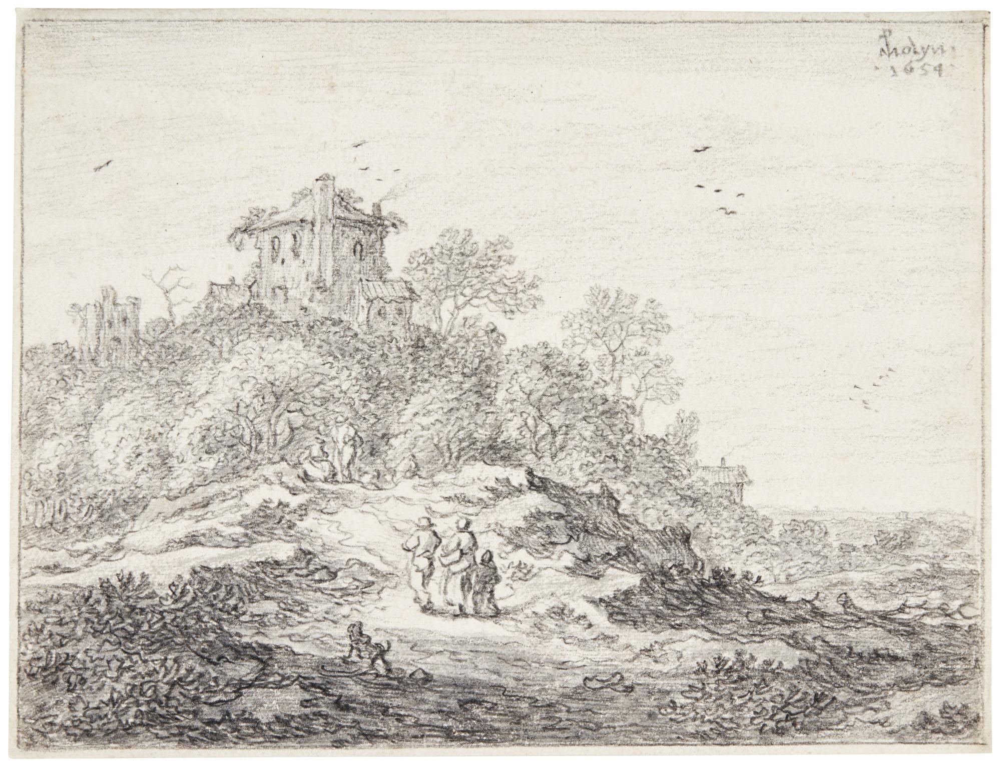 Pieter Molijn - A Peasant Family Approaching A Tower On A Wooded Hill