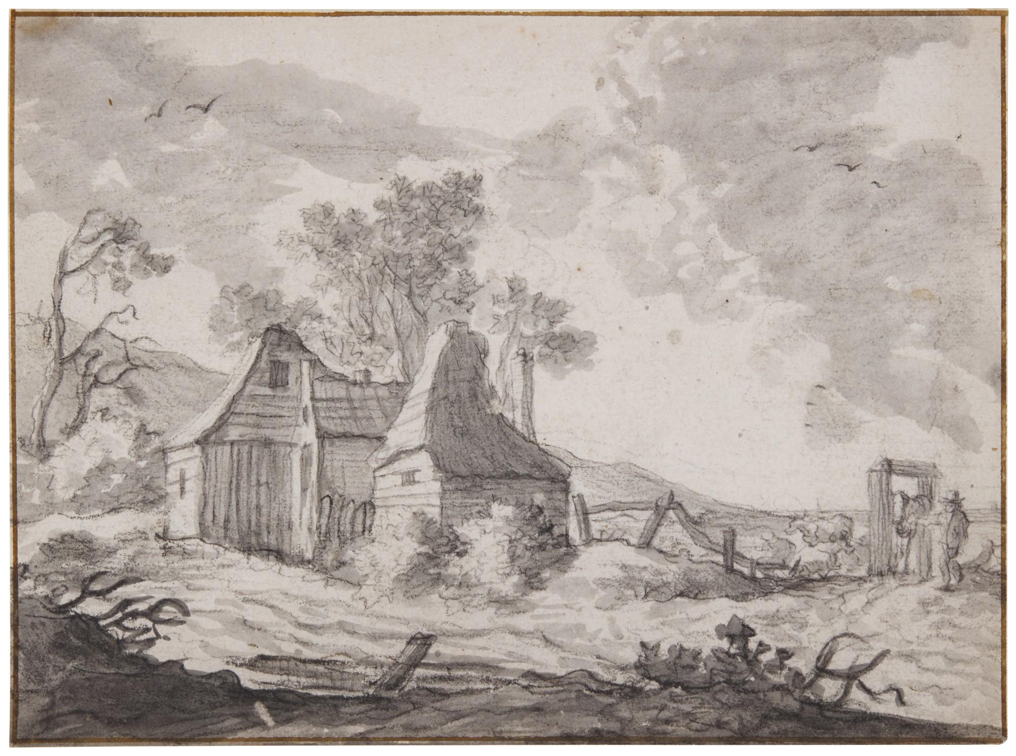 Pieter Molijn - A view of a group of outbuildings, with a farmer grazing his animals in a field to the right