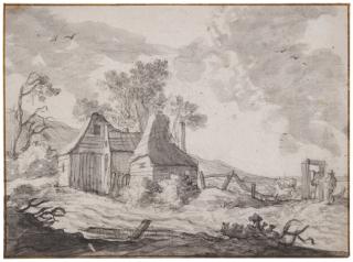 Pieter Molijn - A view of a group of outbuildings, with a farmer grazing his animals in a field to the right