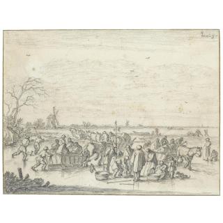 Pieter Molijn - A Winter Landscape With Wagons And Figures On A Frozen River