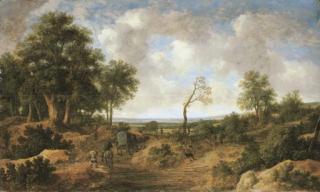 Pieter Molijn - A wooded landscape with travellers in wagons on a road