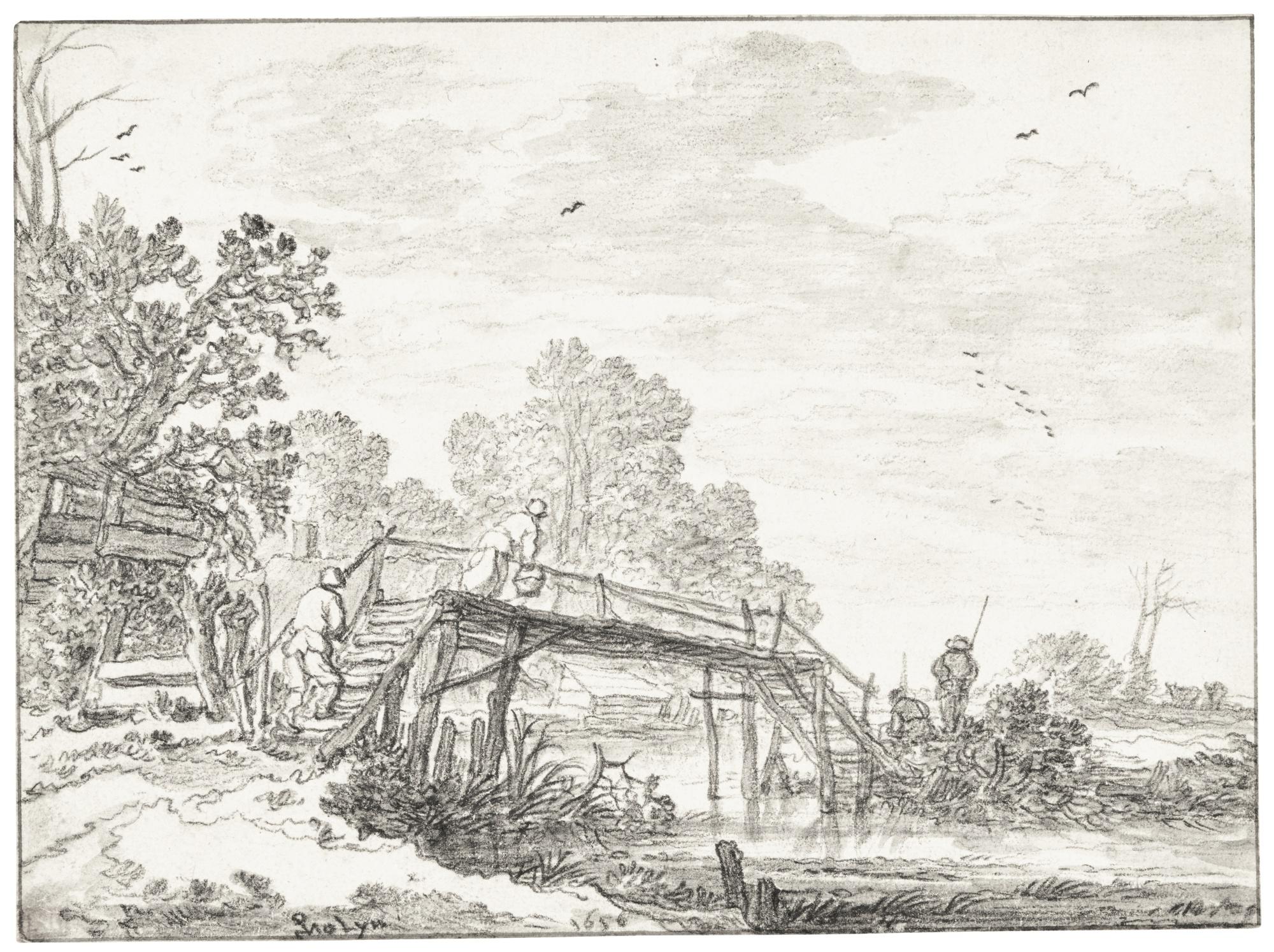 Pieter Molijn - Figures By A Wooden Bridge Over A Small Stream