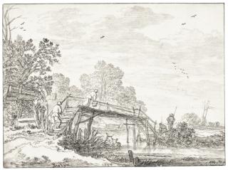 Pieter Molijn - Figures By A Wooden Bridge Over A Small Stream