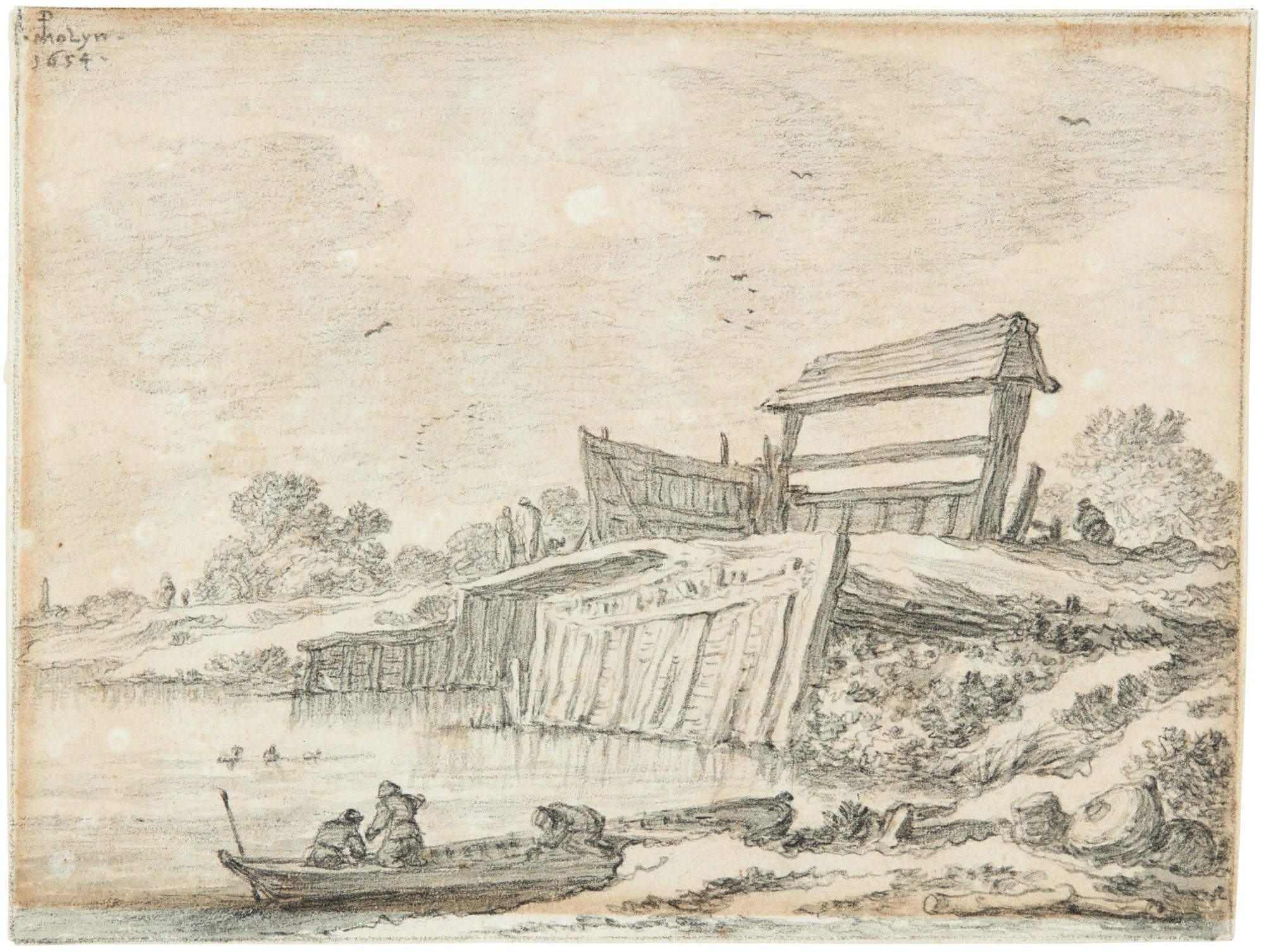 Pieter Molijn - River Scene With Figures In A Boat, By A Bridge