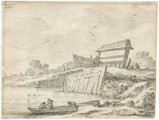 Pieter Molijn - River Scene With Figures In A Boat, By A Bridge