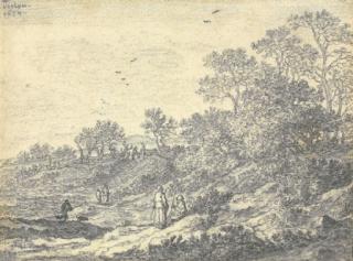 Pieter Molijn - Travelers on a road along a stream, a village beyond