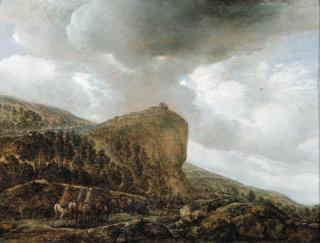 Pieter Molijn - Travellers on a path by a cliff in a landscape