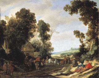 Pieter Molyn - A wooded landscape with cavaliers on a road, a cottage beyond