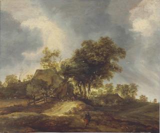 Pieter Molyn - A Wooded Landscape With Dunes And Figures By A Cottage