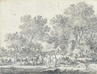 Pieter Molyn - A woodland path with mounted travellers and herdsmen with cattle