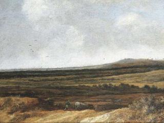 Pieter Molyn - An extensive landscape with a shepherd and his cattle, villages beyond