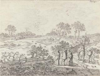 Pieter Molyn - An extensive landscape with peasants watching a bird trap in the background
