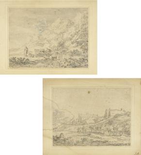 Pieter Molyn - Herdsmen and animals by trees; and Peasants and wagons approaching a village