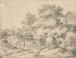 Pieter Molyn - Paysans Et Leurs Charrettes Sur Un Chemin Bordé D\'Arbres