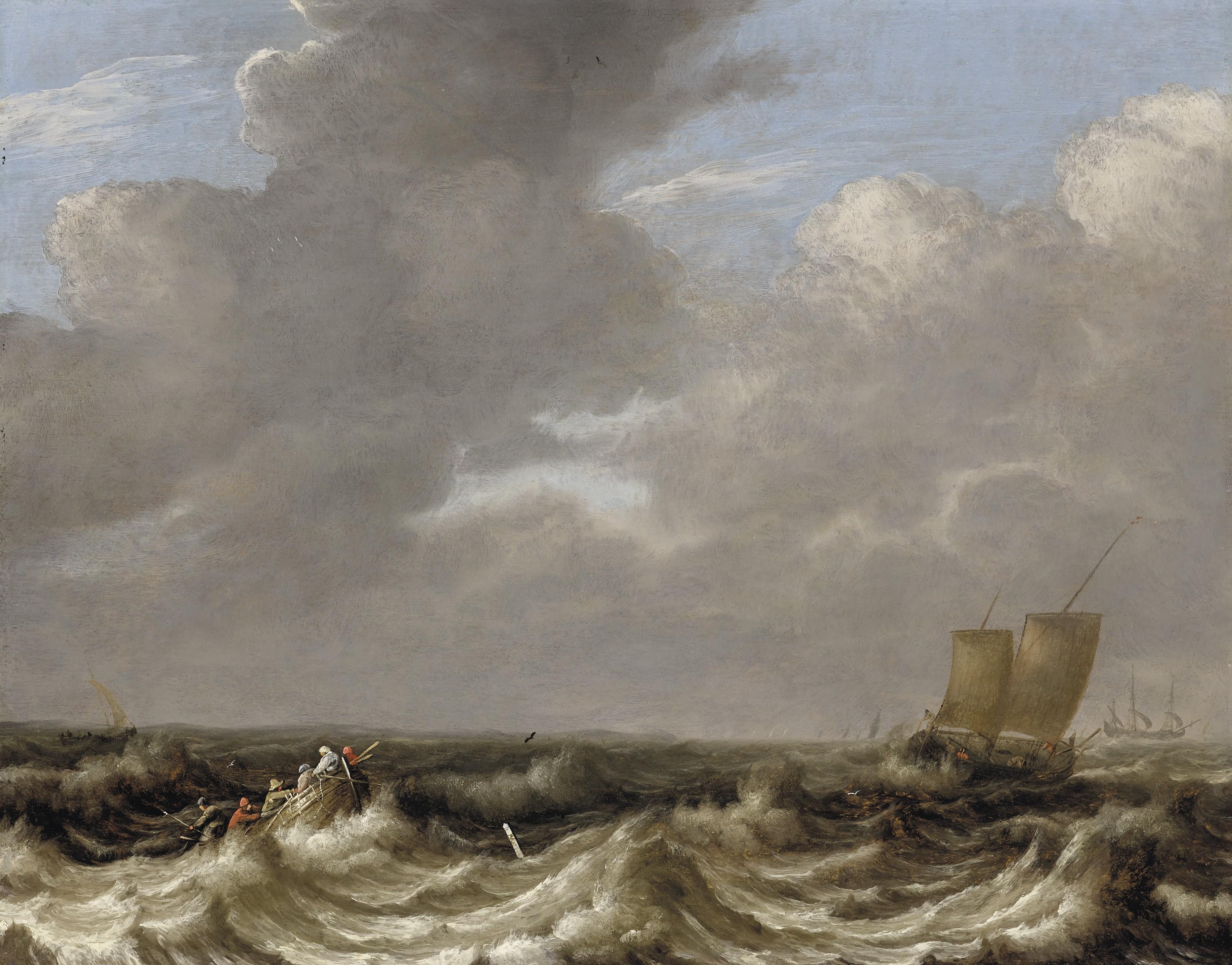 Pieter Mulier I - A fishing skiff and sailboats in a rough sea