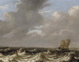 Pieter Mulier I - A fishing skiff and sailboats in a rough sea
