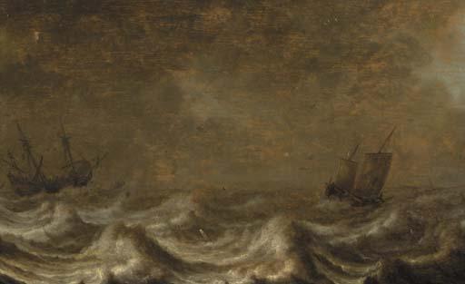 Pieter Mulier I - A threemaster and a wijdschip offshore, as a storm approaches