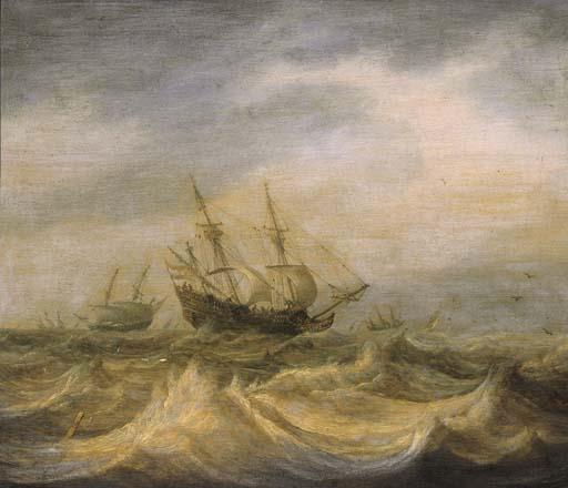 Pieter Mulier I - A threemaster and other shipping in choppy waters on a cloudy day