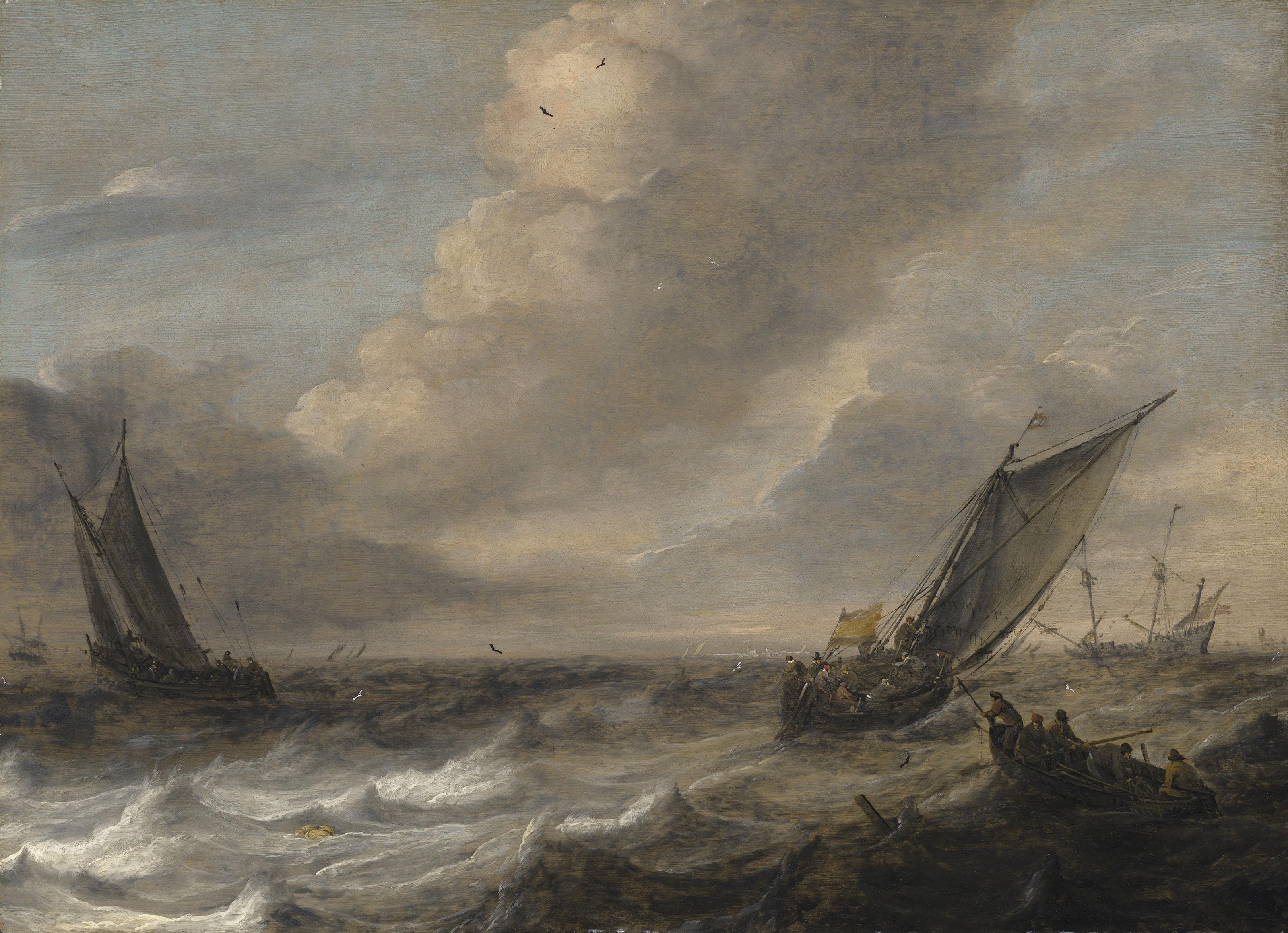 Pieter Mulier I - Dutch fishing and trade vessels in choppy waters, a town beyond