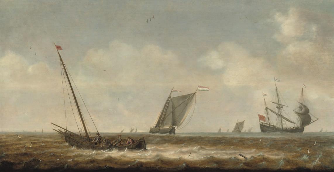 Pieter Mulier I - Fishermen in a \'smalschip\' drawing in their nets, other shipping beyond