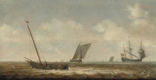 Pieter Mulier I - Fishermen in a \'smalschip\' drawing in their nets, other shipping beyond