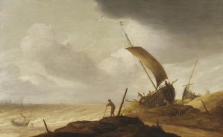 Pieter Mulier I - Fishermen prepairing their vessels in the dunes, a man in the foreground overlooking the sea