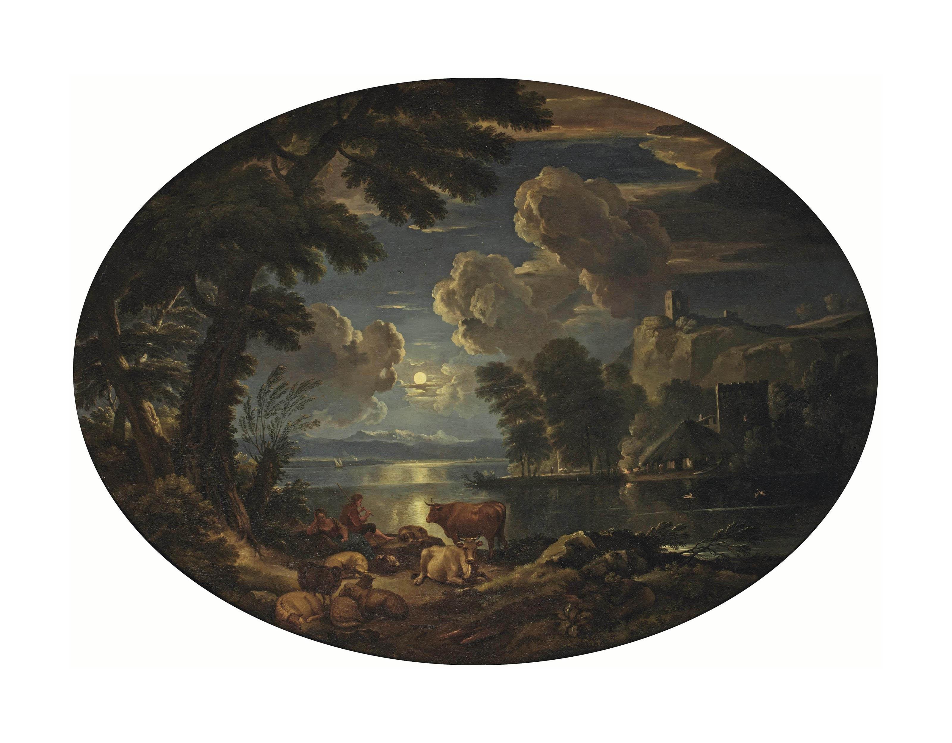 Pieter Mulier II - A moonlit river landscape with shepherds by a the river bank