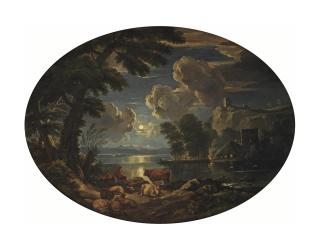 Pieter Mulier II - A moonlit river landscape with shepherds by a the river bank