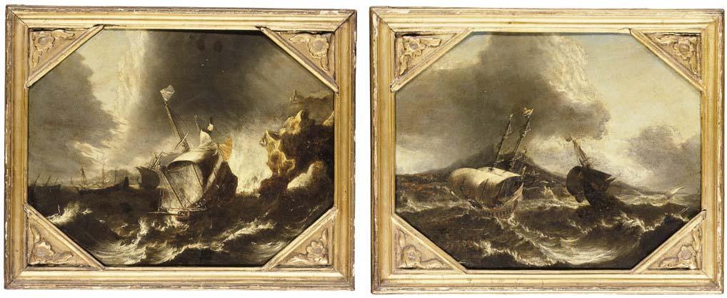 Pieter Mulier II - A pair of coastal landscapes with ships in a storm