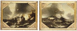 Pieter Mulier II - A pair of coastal landscapes with ships in a storm