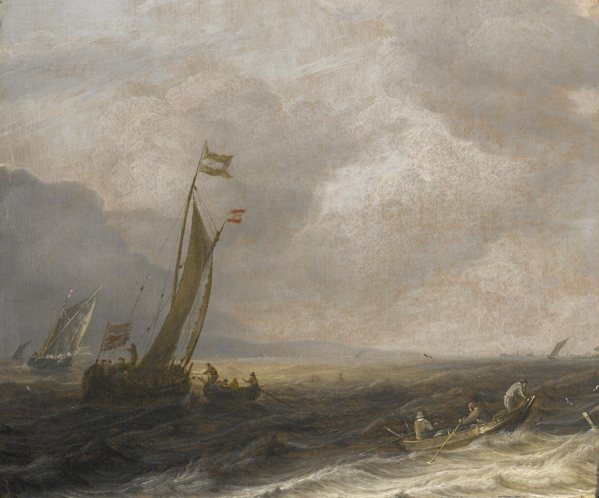 Pieter Mulier The Elder - A Kaag On A Choppy Sea, A Rowing Boat In The Foreground