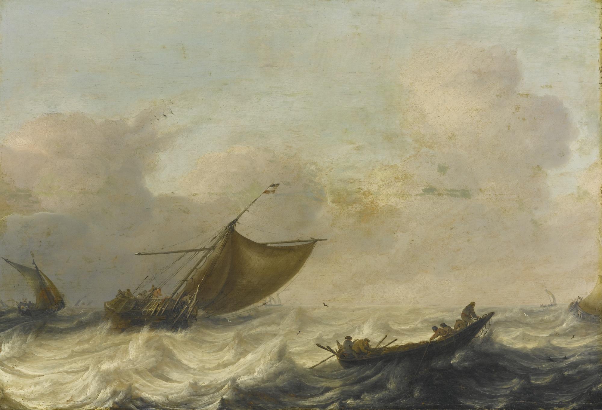 Pieter Mulier The Elder - Fishing And Rowing Boats Among Choppy Waters