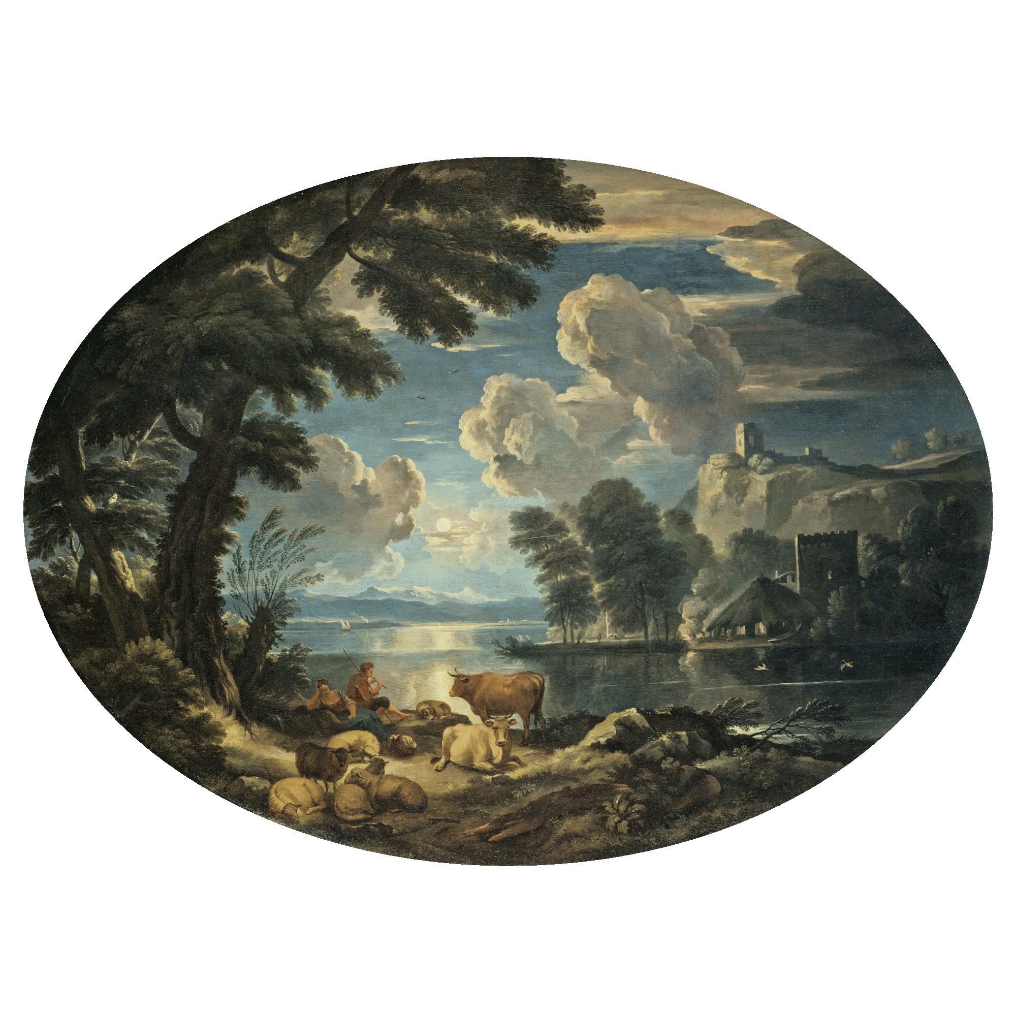 Pieter Mulier the Younger - A Moonlit Pastoral Scene With A Shepherd Resting His Flock By A Lake