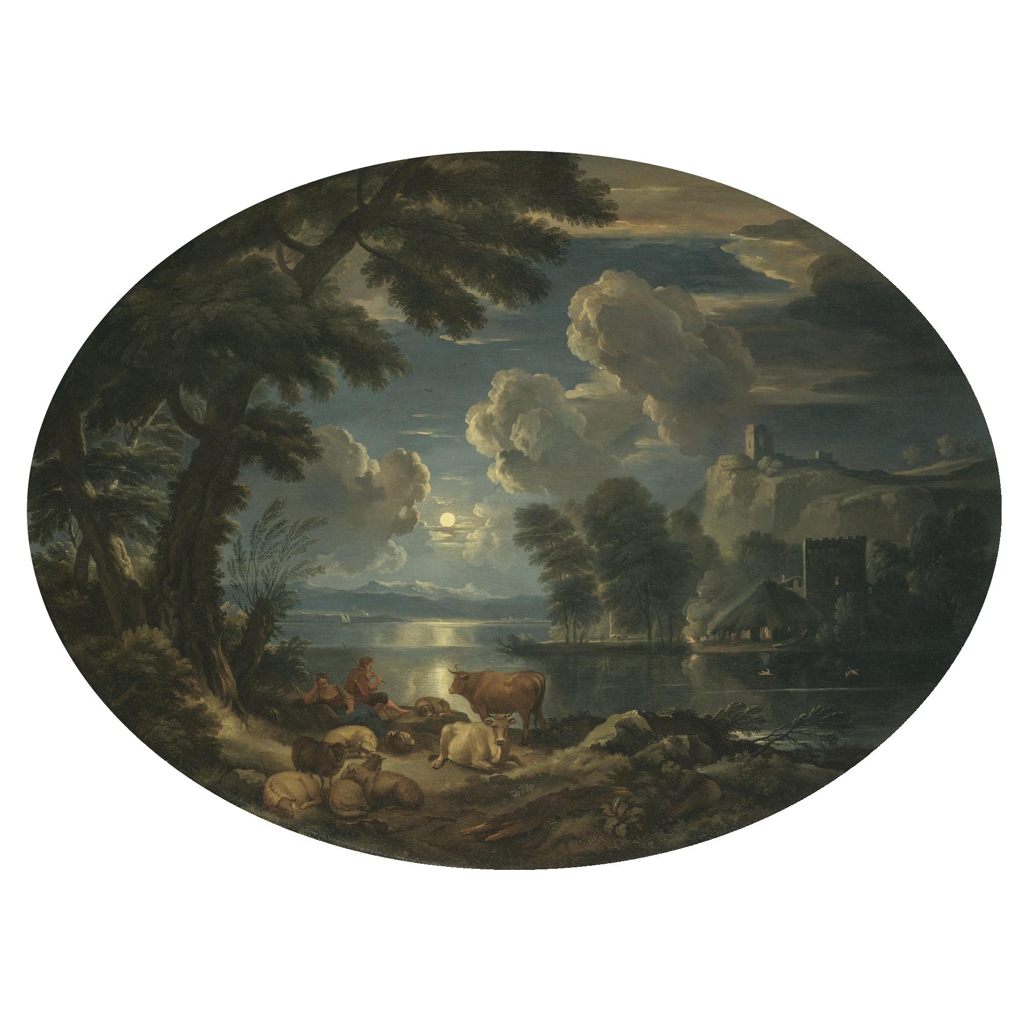 Pieter Mulier The Younger - A Moonlit Scene With A Shepherd And Shepherdess Resting With Their Herd Beside A Lake