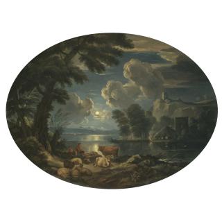 Pieter Mulier The Younger - A Moonlit Scene With A Shepherd And Shepherdess Resting With Their Herd Beside A Lake