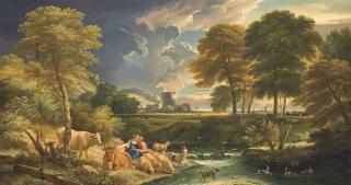 Pieter Mulier - An extensive wooded river landscape with a drover and a shepherdess at rest with their herd on a shore
