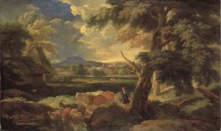 Pieter Mulier - An Italianate landscape with a herdsman watering his livestock