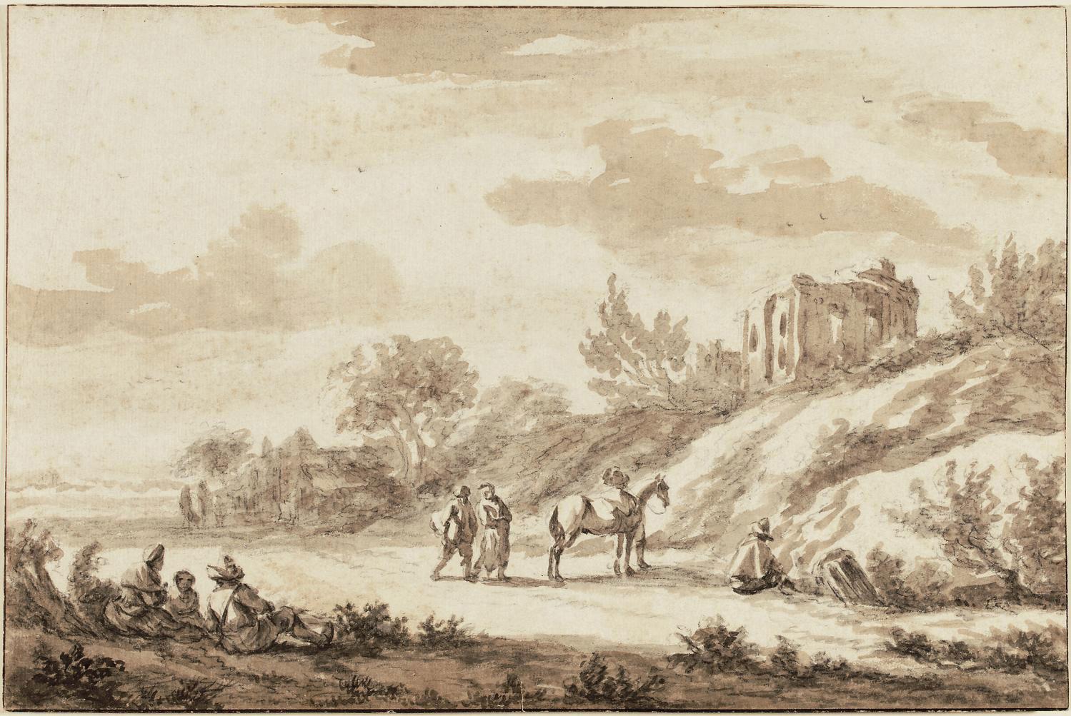 Pieter Mulier - Travellers in a wooded landscape beneath a ruined circular temple