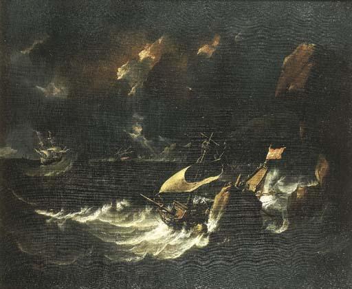 Pieter Mulier - Velieri in panne nella burrasca presso una costa mediterranea