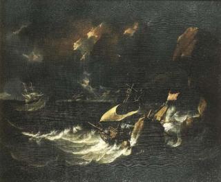 Pieter Mulier - Velieri in panne nella burrasca presso una costa mediterranea