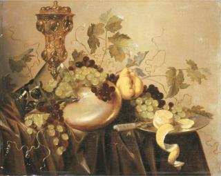 Pieter Nason - A silver-gilt cup and cover, an upturned roemer resting on a nautilus shell, grapes on the vine and a partly-peeled lemon with a knife on a silver plate on a draped table
