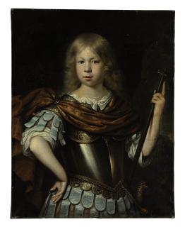 Pieter Nason - Portrait of a boy, possibly Willem van Liere (1653-1706), as Mars, in classical dress with a cuirass, sword and halberd, in a landscape