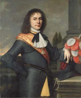 Pieter Nason - Portrait of a gentleman, three-quarter-length, in armour with an orange silk sash, resting his hand on his helmet, a landscape beyond