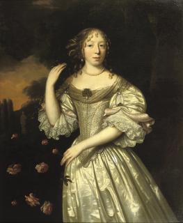 Pieter Nason - Portrait of a lady, three-quarter-length, in a silver silk dress decorated with pearls, standing in a park landscape near a bush of roses