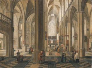 Pieter Neeffs I - The interior of a cathedral with elegant company, a service in progress in a side altar
