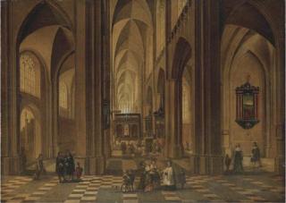 Pieter Neeffs I - The Interior Of A Cathedral With Elegant Company, A Service In Progress In A Side Altar