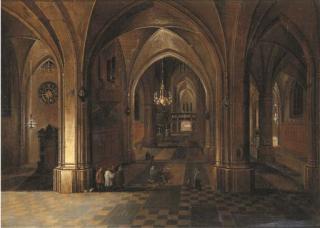 Pieter Neeffs I - The interior of a gothic cathedral by night